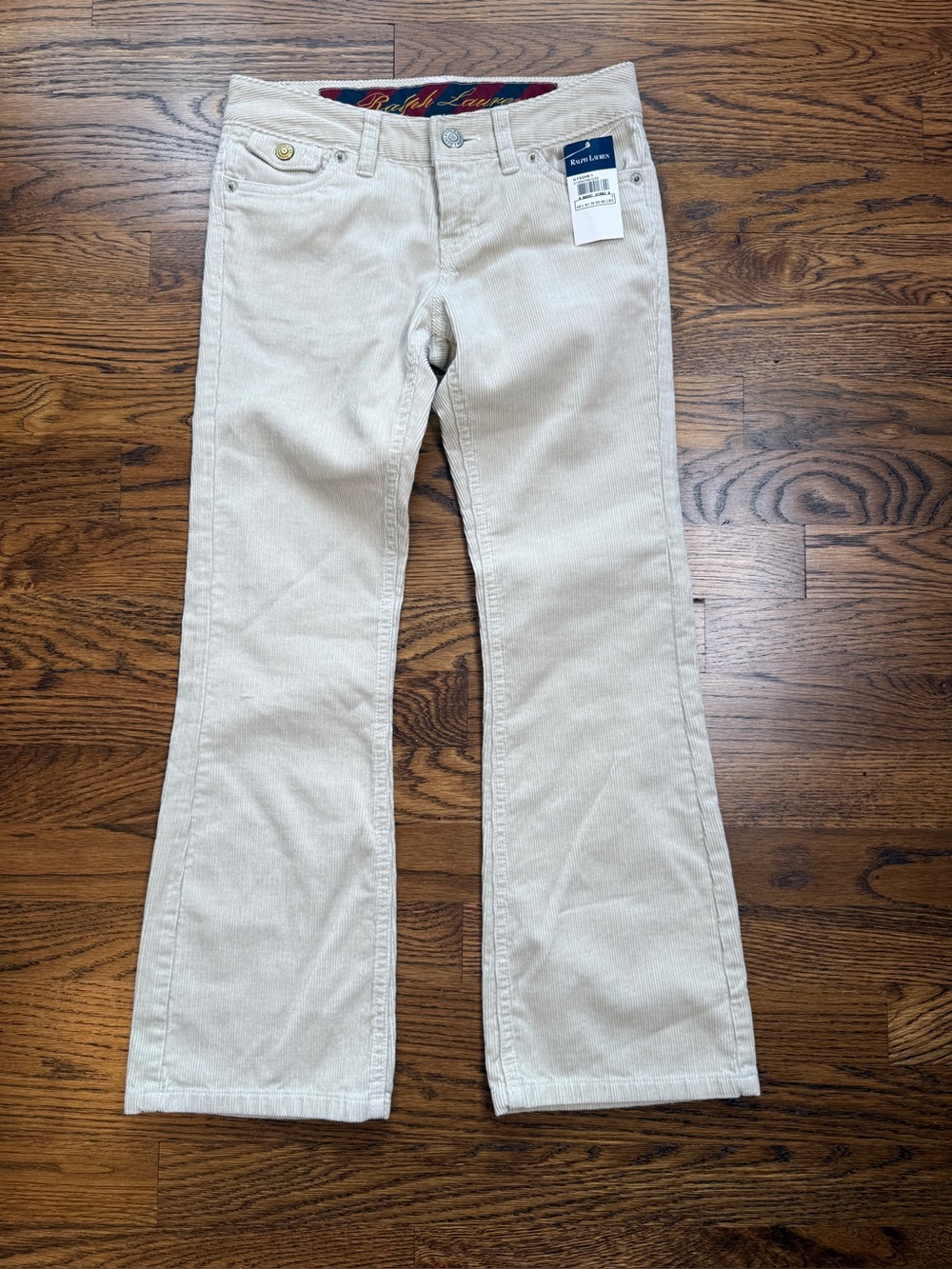 NWT Vintage Y2K Ralph Lauren Girls Low Rise Flare Cream Corduroy Trousers Sz 7